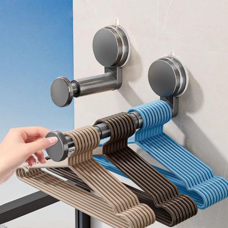 (Gray) Stackable clothes hanger storage rack, 2-piece set, with self-adhesive suction cup flexible hangers, saving space. (1/5)