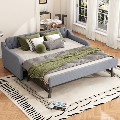 Sofá cama de lino gris 90x200 cm con cama nido extraíble, USB y somier de láminas (1/5)