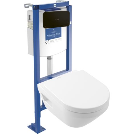 Pack WC suspendu sans bride Villeroy & Boch Architectura Twistflush [e³] rond + bâti-support ViConnect + plaque noir
