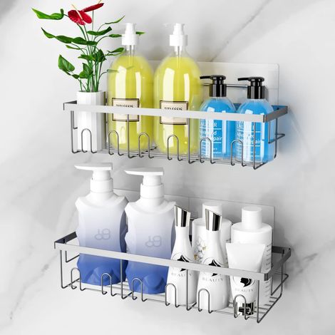 Etagere Douche Sans Percage, Lot de 2 Etagère Douche Paniers Rangement D'organisateur de Douche Mural Support avec 6 Crochets pour Cuisine et de Salle de Bain (Argent) (1/5)