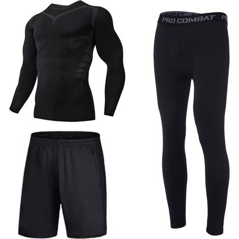 Ensemble de sport à séchage rapide pour homme, t-shirt d'été à manches courtes, vêtements d'entraînement, équipement de course, collants, tenue de basketball trois pièces (1/5)