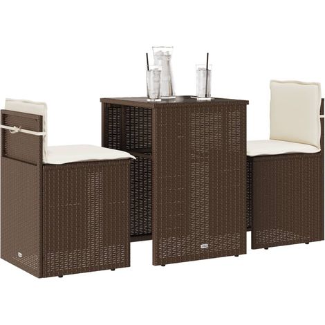3-tlg. Bistro-Set mit Kissen Braun Poly Rattan (1/5)