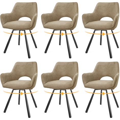 LEWE Lot de 6 Chaises de Salle à Manger 180° Pivotantes avec Accoudoirs, Rembourrées avec Dossier en Velours, Marron