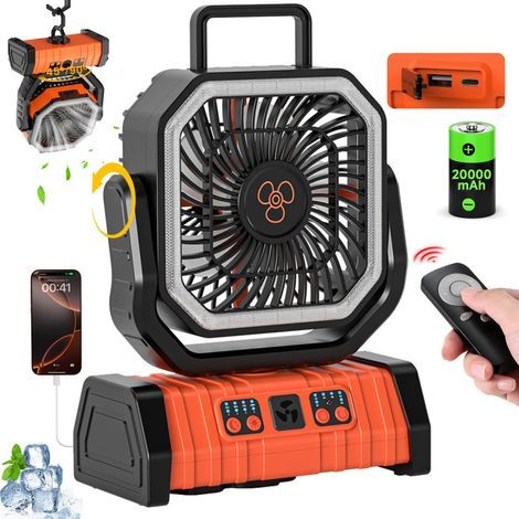 20,000 mAh rechargeable camping fan with LED lantern, 270° portable oscillating fan, 3 speeds, 3-level LED light, orange, 22.3 x 11.4 x 28.4 cm (1/4)