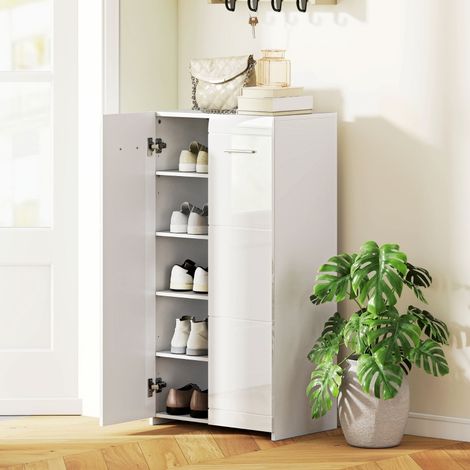 Mobile portascarpe 55x36x108 cm bianco lucido in legno con ripiani regolabili (1/2)