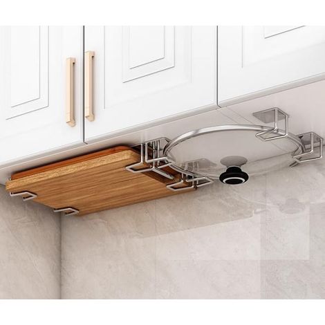 Lot de 8 supports de planche à découper sous l'armoire pour couvercle de pot de rangement en acier inoxydable sous étagère comptoir planche à découper (argent) (1/5)