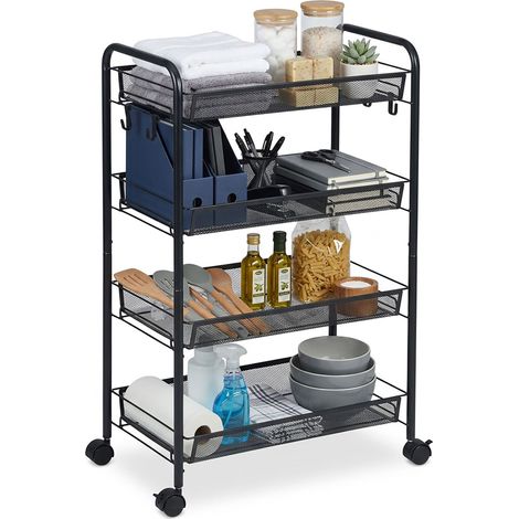 Relaxdays Rollwagen, 4 Mesh-Etagen, Servierwagen, Küchenwagen Bad & Büro, HBT 84x44,5x26 cm, Bastelwagen Metall, schwarz