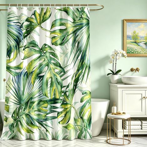 Rideau de douche 240 x 180 cm - Vert feuilles - Motif plantes - Ourlet lesté - Textile anti-moisissure - Imperméable - Lavable - Rideaux de salle de bain en polyester - Avec œillets et 16 (1/5)