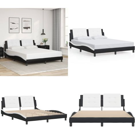 Cadre de lit sans matelas noir et blanc 160x200 cm similicuir - Lit Double - Chambre À Coucher - Design Moderne - Cadre De Lit Avec Têtière - Literie - Home & Living (1/5)