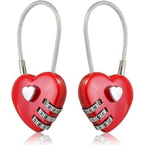 2 pièces câble métallique en forme de coeur amour serrure 3 cadenas à combinaison numérique mot de passe réinitialisable pour sacs de voyage (1/4)