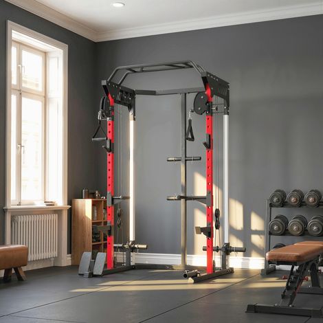 Station de Musculation Power Rack 900kg Double Poulie Réglable 19 Niveaux Home Gym Complet pour Entraînement Force Noir (1/5)