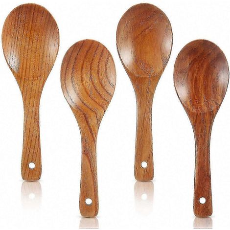 Cuillères en bois x4, 21,5 cm, ustensiles de cuisine antiadhésifs et résistants à la chaleur, idéales pour riz, pâtes et salades (1/5)