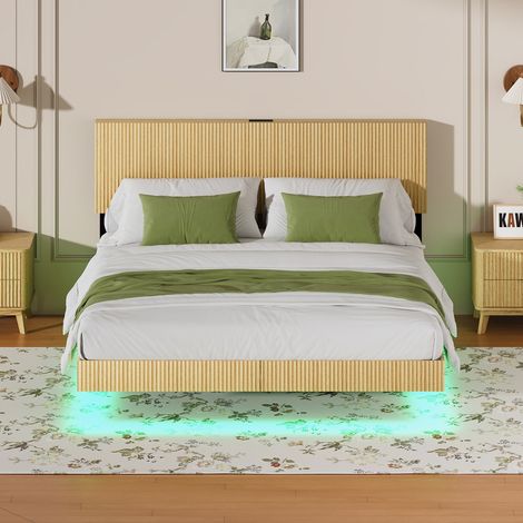 Letto matrimoniale 180 x 200 cm effetto sospeso, testiera LED, MDF e metallo, naturale (1/5)