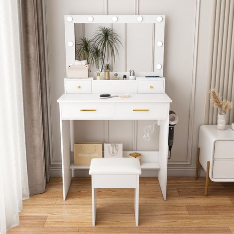 Coiffeuse avec éclairage LED 3 niveaux, prise et support sèche-cheveux - 4 tiroirs + panier de rangement - Comprend tabouret rembourré - Blanc, L80/H137/P40 cm