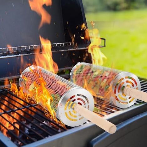 Landrip Ensemble de Panier de Barbecue à roulettes, poignée en Bois Amovible, en Acier Inoxydable, Accessoire de Barbecue pour légumes, crevettes, Camping, extérieur, Cadeau pour Homme (1/5)