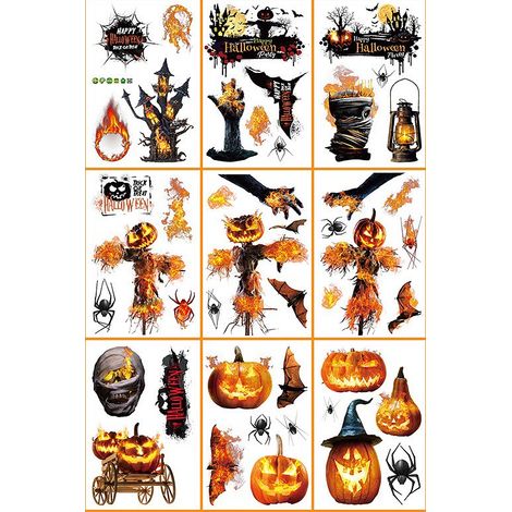 W2330 DEHOBO Autocollants statiques d'Halloween, citrouille enflammée, épouvantail, vieux château et lampe à huile, lot de 9 pièces (1/2)