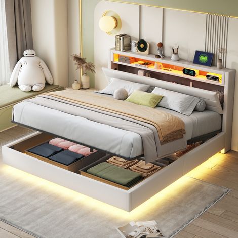 MEUBLIV Bett 160x200 cm beige – mit Stauraum, LED und USB, ohne Matratze (1/5)