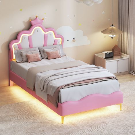 BLANKETSWARM - Lit enfant fille 90x200 cm, lit fille princesse - Bandes lumineuses LED réglables - tête de lit en forme de pétale et couronne - sommier à lattes, PU, Rose