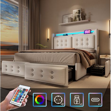 lit avec tiroirs 180x200 LED USB, beige HAVRYA (1/5)