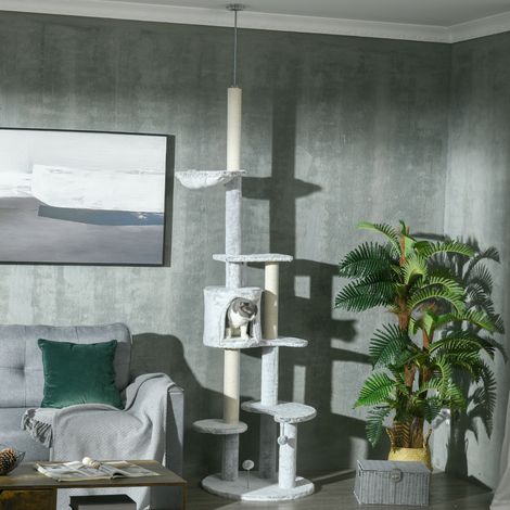 Kratzbaum für Katzen, vom Boden bis zur Decke, höhenverstellbar, mit Höhle, Hängematte und Kratzstämmen, Ø 60 x 225–255 cm, Grau (1/5)