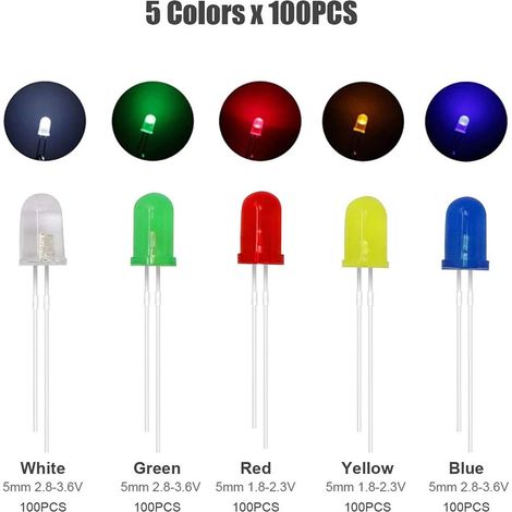 Packung mit 500 3-mm-LEDs, 5 Farben: rot, gelb, blau, grün und weiß. (1/5)