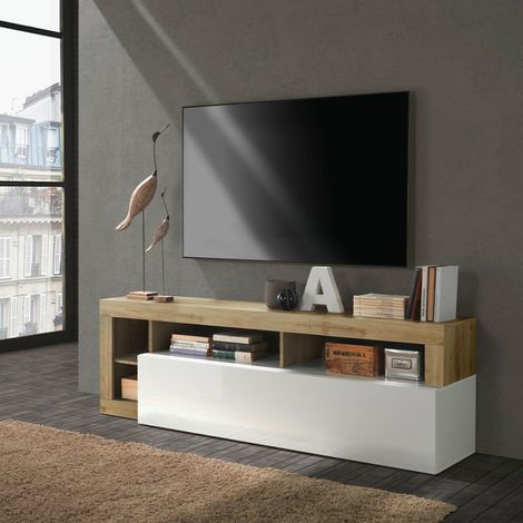Mueble TV salón moderno 184cm blanco brillante roble Dorian BR (1/4)