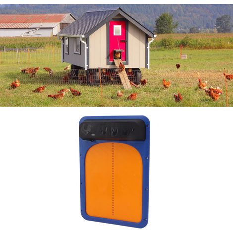 Solarbetriebene, lichtempfindliche Hühnerstalltür, automatische lichtempfindliche Hühnerstalltür, vollautomatischer Hühnerstalltüröffner, blau und gelb. (1/5)