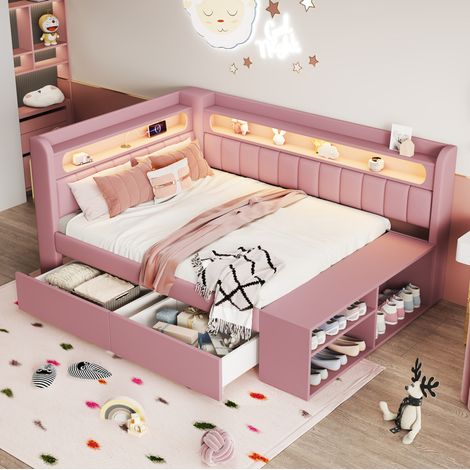 Letto bambino 90x200 cm con 2 cassetti, LED, USB, Type-C e portascarpe, in MDF, rosa, senza materasso (1/5)