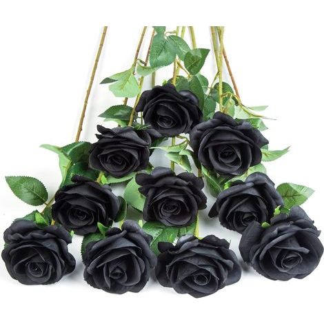 Lot de 10 roses artificielles en soie avec longues tiges pour arrangement de mariage, centre de table, fête, décoration de la maison ou de la cuisine (Noir) (1/5)