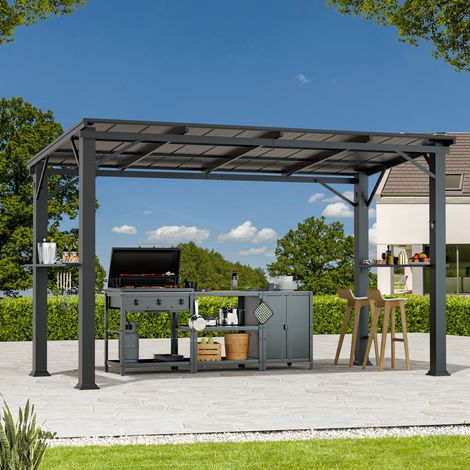 Pergola Métal Toit Rigide 1.8x3.6 m, Tonnelle de barbecue, Toit en acier étanche et 2 étagères et crochet et Ouvre-bouteille, Abri Extérieur Robuste pour Jardin et Terrasse, Noir Modern Shade (1/5)