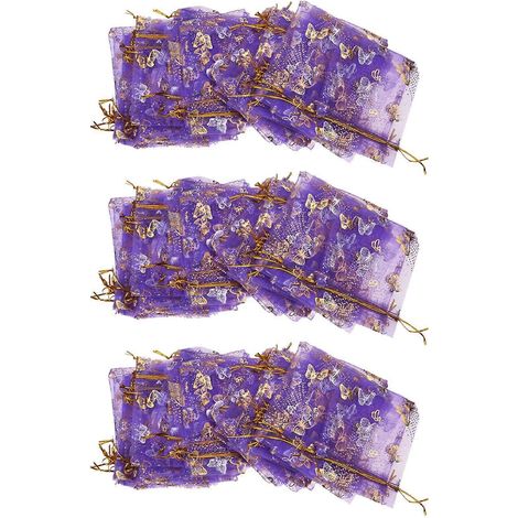 Lot de 300 pochettes à bijoux et bonbons en organza violet avec cordon de serrage et motif papillon, idéales pour les mariages. (1/4)