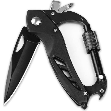 Couteau multifonction avec mousqueton, QttvbTna, couteau, brise-verre, ouvre-bouteille, tournevis, acier inoxydable, noir, 11,5 x 5,5 cm (1/5)