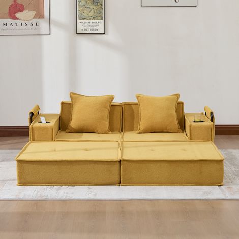 Sofá cama 162x78x66 cm amarillo mostaza con almacenamiento lateral, chenilla MEUBLIV (1/5)