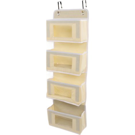 Organisateur de placard suspendu multicouche, grande capacité de charge, en tissu non tissé, à suspendre à une porte, avec 2 crochets, couleur kaki, 4 compartiments (1/5)