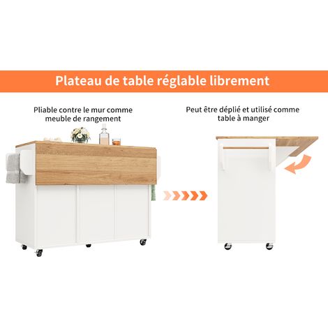 Îlot de cuisine moderne, placard de cuisine, buffet, chariot-repas à veinage de bois, buffet, table à manger multifonction avec rangement, chariot-repas avec étagères à encas, blanc (1/5)
