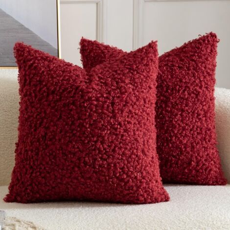 Lot de 2 housses de coussin décoratives en fausse fourrure de sherpa, taies d'oreiller pelucheuses et douces, en peau de mouton, pour canapé, sofa, lit, salon, 45 x 45 cm, rouge (1/4)