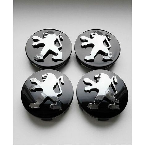 Schwarze Radnabenkappen aus Leichtmetall für Peugeot. 4er-Set. 60-mm-Nabe. Passend für die Modelle 106, 107, 206, 207, 306 und 307.