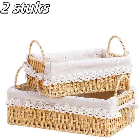 Lot de 2 paniers de rangement tressés imitation rotin avec poignée forme rectangulaire jaune pour en cas cosmétiques et décoration bureau salon chambre (1/5)