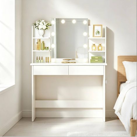 Coiffeuse 90/40/135 cm blanche avec miroir LED et tiroirs (1/5)