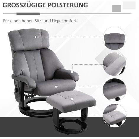 Fauteuil relax avec repose-pieds, fauteuil TV pivotant à massage vibrant, fonction inclinable, fauteuil massant avec poche latérale, fauteuil inclinable aspect velours pour salon Gris (1/4)