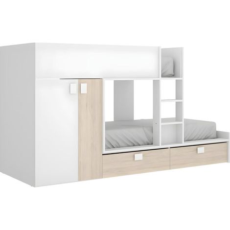 Etagenbett mit Kleiderschrank - 2x 90 x 190 cm - Weiß & Naturfarben - JUANITO (1/5)