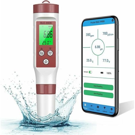 Testeur pH électronique Bluetooth 7-en-1, ATC mesure qualité eau TDS EC ORP SG, précision 0,01, étalonnage auto, écran rétroéclairé, pour piscine aquarium eau potable, kit analyseur portable (1/5)