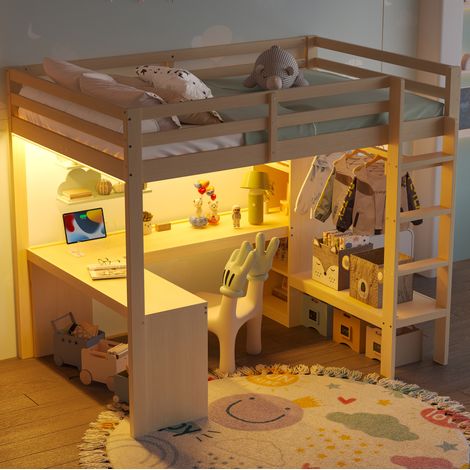 Letto rialzato 140x200 cm con scrivania, LED, USB, vano portaoggetti aperto e ripiani in legno, naturale, senza materasso (1/5)