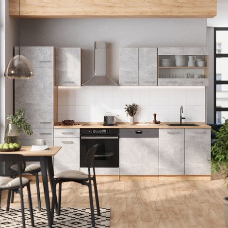 Cucina componibile R-Line, Calcestruzzo/Rovere dorato, 300 cm , PL Antracite, Vicco