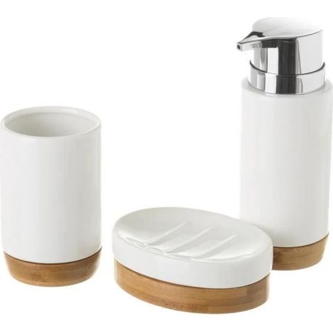 Ensemble d'accessoires salle de bain 3 pièces,set salle de bain avec distributeur de savon en céramique-bambou coloris blanc-naturel (1/3)