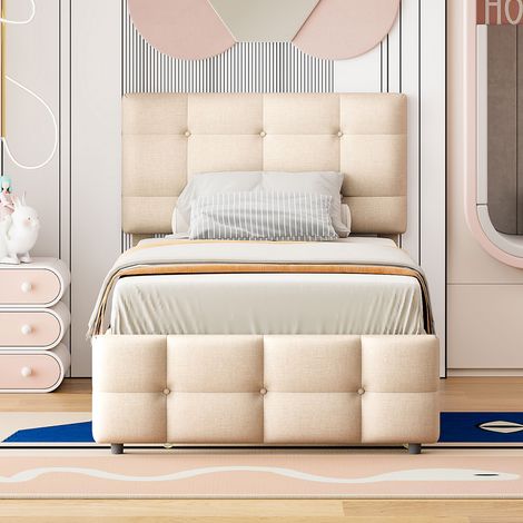 Ausziehbett 90×200 cm, Einzelbett mit Verstellbarem Kopfteil und Ausziehbett, ohne Matratze, aus Stoff Beige (1/5)