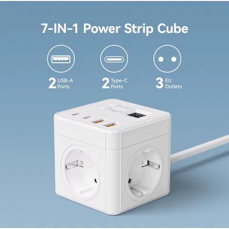 ORION91oficial® - Múltiple Clavija Enchufe, CUBE 7 en 1 Blanco, 1,5 metros, Protector contra sobretensiones, 3 salidas de CA, 2 USB, 2 tipo C, Pantalla LCD, Carga Rápida, Temporizador - spaziOrion91 (1/5)