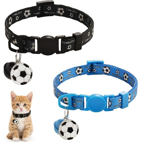 Lot de 2 Colliers pour Chat Anti-Étranglement avec Motif Football, Collier Chaton Réglable 19-32cm avec Clochette et Boucle de Sécurité à Libération Rapide, Bleu et Noir (1/5)