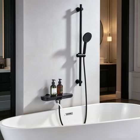 Mitigeur de Douche Noir avec Barre Réglable et Étagère de Rangement, Douchette Filtrante 6 Fonctions, Robinet de Baignoire Mural en Inox (1/5)