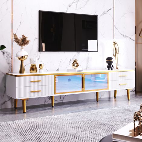 Meuble TV effet marbre, console télé avec 4 pieds, LED intégrée, 4 tiroirs texturés à poignées dorées et 2 portes brunes en verre trempé, buffet TV moderne 170x37x47,5 cm. (1/5)